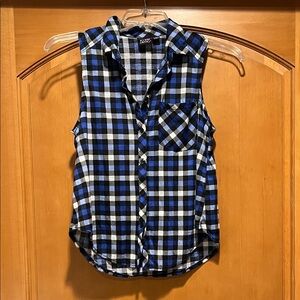 Eye Candy Blue Black and White Plaid Sleeveless Button-Up Blouse